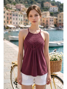 Women's Bluetime, Red wine Crochet Lace Halter Tank Top sz Large